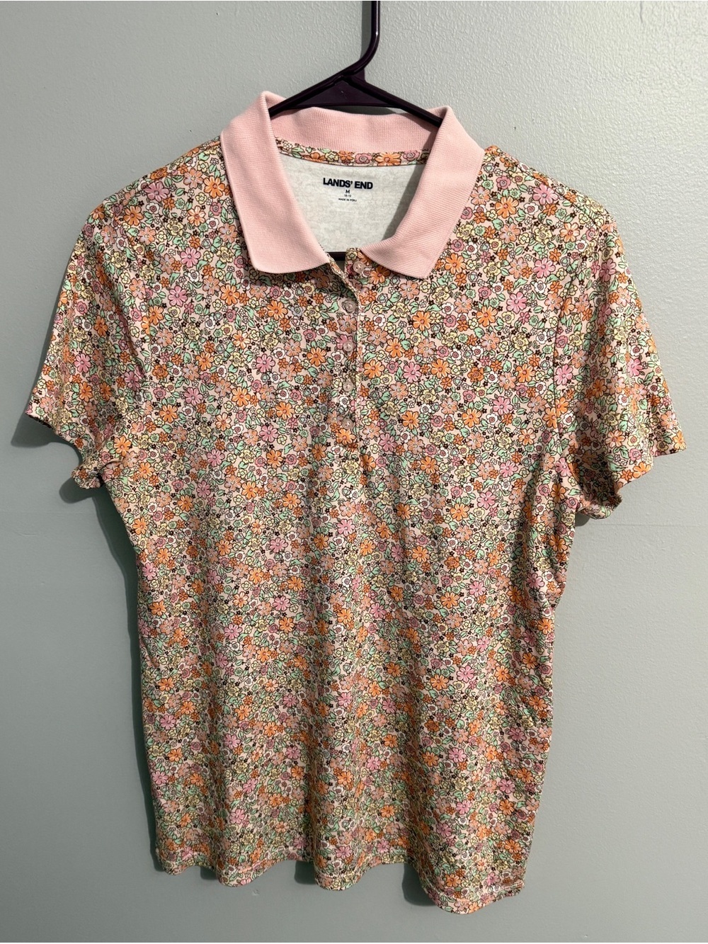 Lands End Shirt Womens Medium Colorful Pastel Florals Polo Stretchy Garden